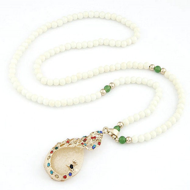 Pearl Metal Necklace Brown Gems Peacock Pendant Chain