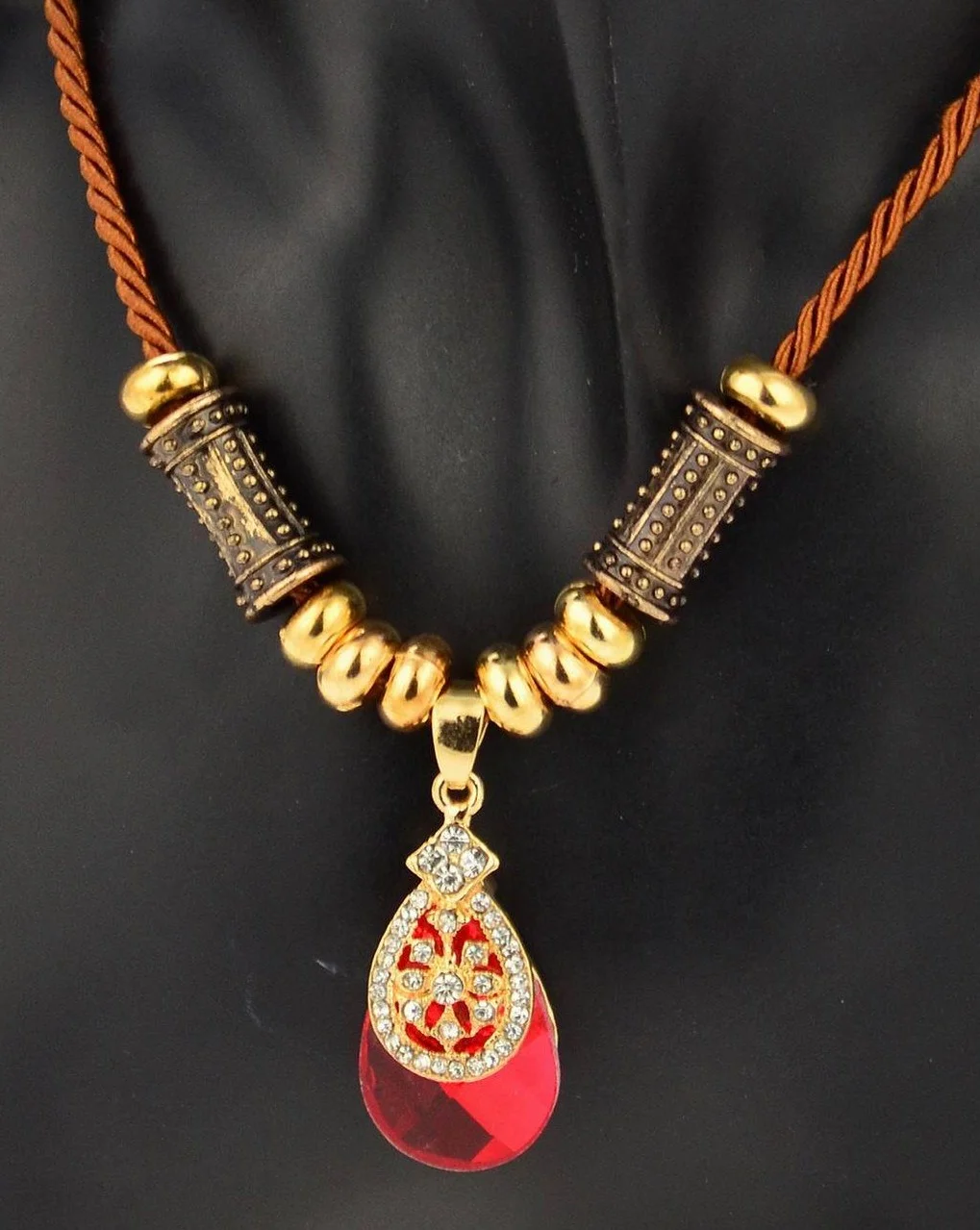 18K GP Crystal Beads Rope Gem Teardrop Pendant Necklace