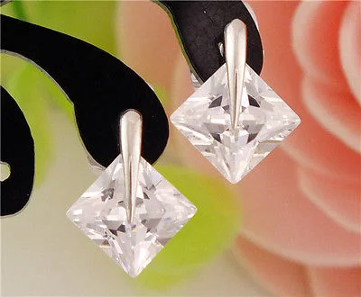 Shining Sterling Silver Clear Square Gemstone Stud Earrings
