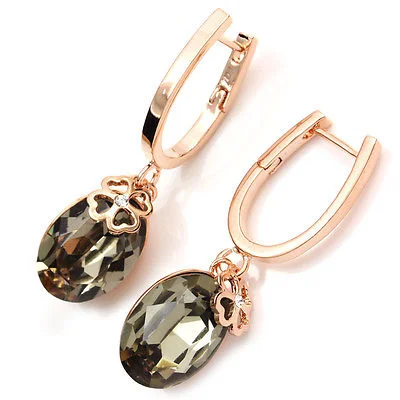 10k Rose Gold GP Smoky Gray Swarovski Crystal Oval Drop Earrings 