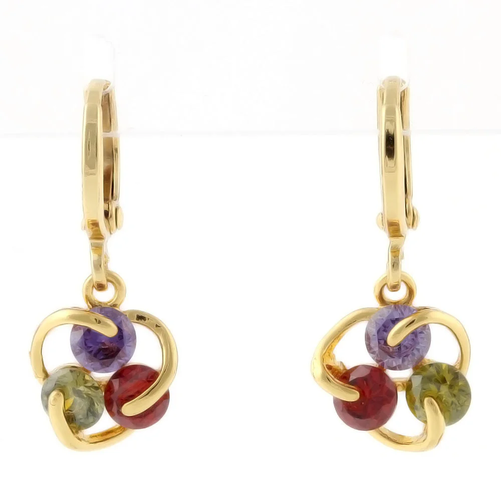 10k Yellow Gold Filled Multicolor CZ Rose Flower Dangle Earrings