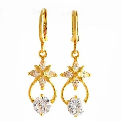 10k Yellow Gold Filled White CZ"Flower Dangle Earrings,35*10mm