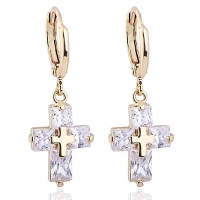 White Topaz Cross 10k Yellow Gold Filled Hoop Earrings Dangle Eardrop