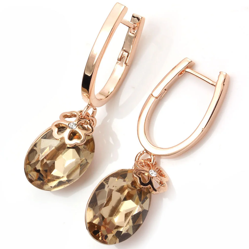 10k Rose Gold GP Smoky Gray Swarovski Crystal Oval Drop Earrings 