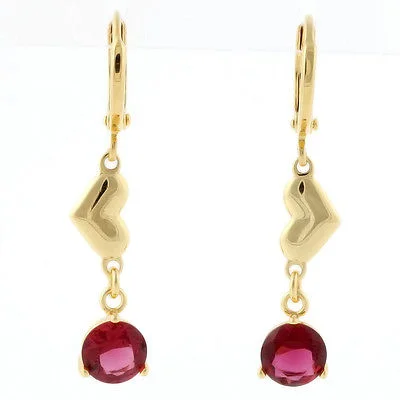 10k Yellow Gold Filled Created Red Ruby Heart Shape Dangle Earrings 