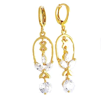 Lucky 10K Yellow Gold Filled Clear CZ Clover Droop Earrings