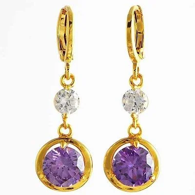 Brilliant 10K Yellow Gold Filled Purple CZ Dangle Earrings,36*11mm