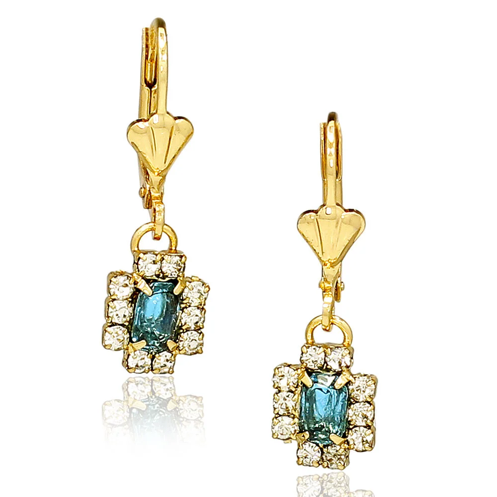 Gold Filled 18k Aqua Blue Dangle Leverback Earrings CZ White Crystal