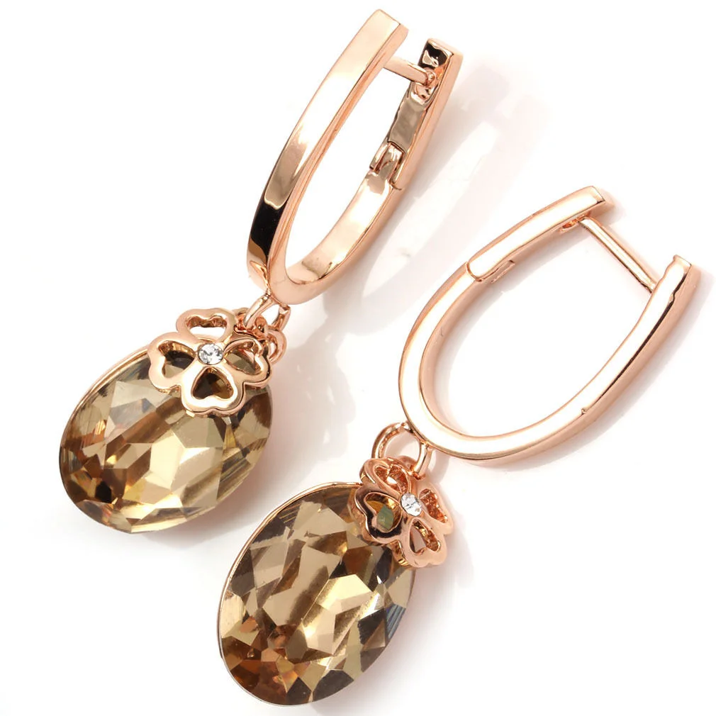10k Rose Gold GP Yellow Gold Swarovski Crystal Oval Drop Earrings 