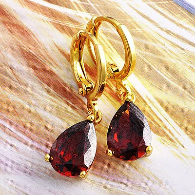 Red Ruby 10k Yellow Gold Filled Water Drop Earrings