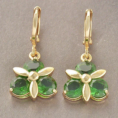 30*13mm 10k Gold Filled Green CZ Clover Dangle Earrings 