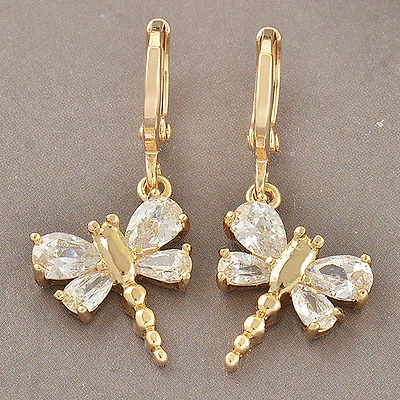 Artistic 10k Yellow Gold Filled CZ Dragonfly Dangle Earrings 