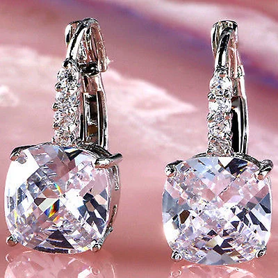 Emerald Cut White Topaz Gemstone Dangle Hook Silver Earrings