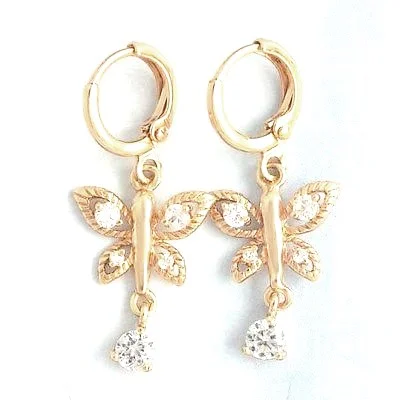 10K Yellow Gold Filled White CZ "Butterfly"  Dangle Earrings