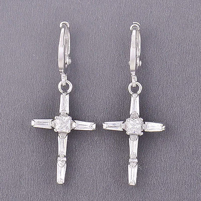 Silver/10k White Gold Filled Cubic Zirconia Cross Dangle Earrings