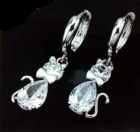 Cute Lovely 18k White Gold Filled Cat Kitten Dangle Earrings