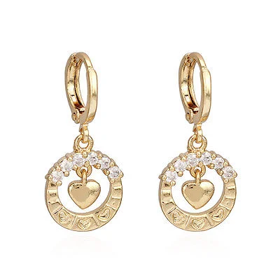 18K Gold Filled White Crystal Heart Dangle Hoop Party Clip Earrings