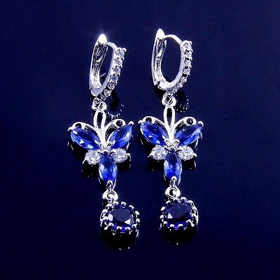 Dangle Earrings Blue Sapphire Silver 18k White Gold Jewelry
