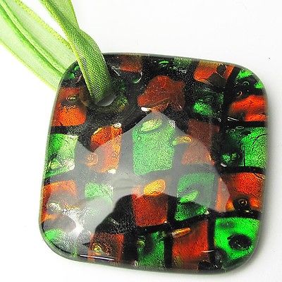 Red Green Checks Cushion Murano Lampwork Glass Pendant Necklace
