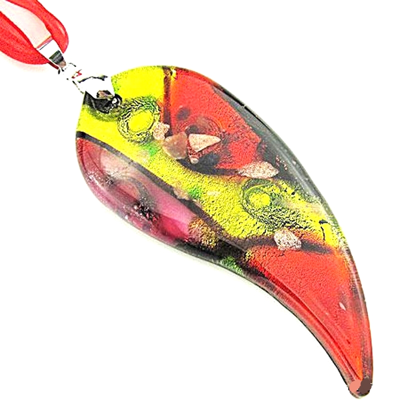 Lampwork Murano Glass Red Yellow Leaf Handwork Pendant Necklace Cord