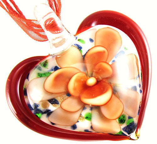Flower Heart Murano Glass Charms Pendant Ribbon Necklace Cord