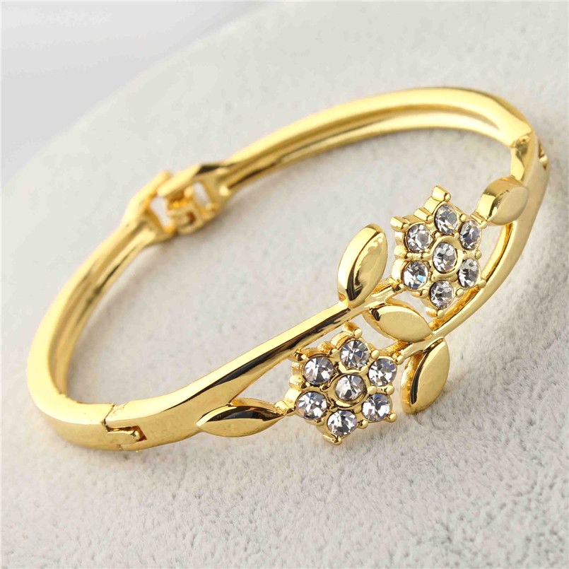 14k Yellow Gold Filled Flower Austrian Crystal Bracelet Bangle Jewelr