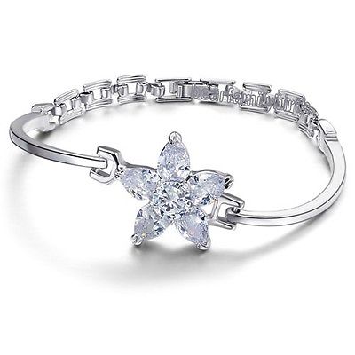 18K White GP Swarovski Crystal Zircon CZ Rose Bangle Bracelet