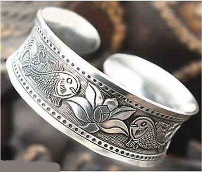 Tibetan Tibet Silver Totem Bangle Cuff Bracelet:Fish Flower