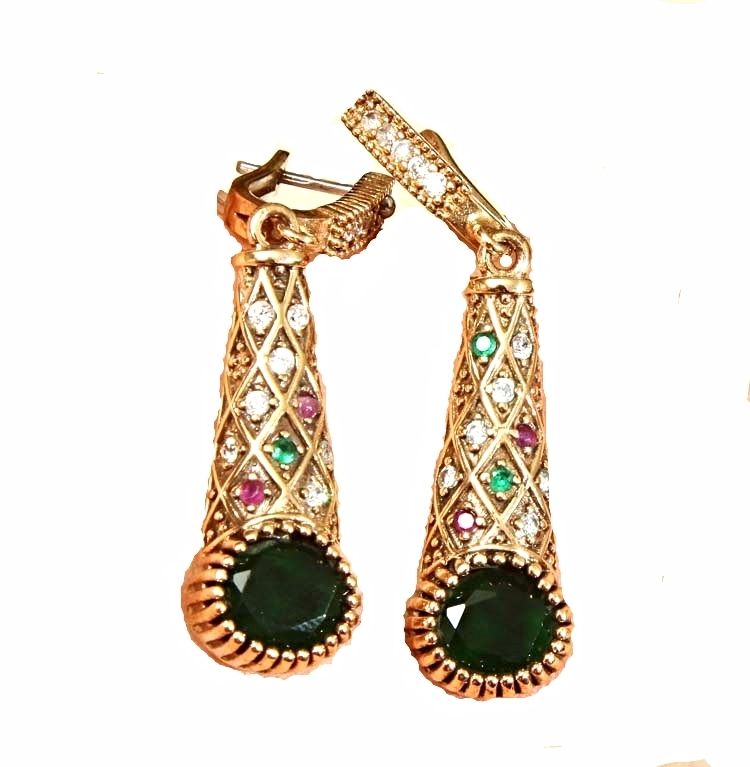 TURKISH EMERALD RUBY TOPAZ 925K STERLING SILVER EARRINGS