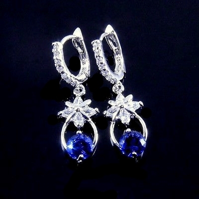 Dangle Earrings Blue Sapphire Silver 18k White Gold Jewelry