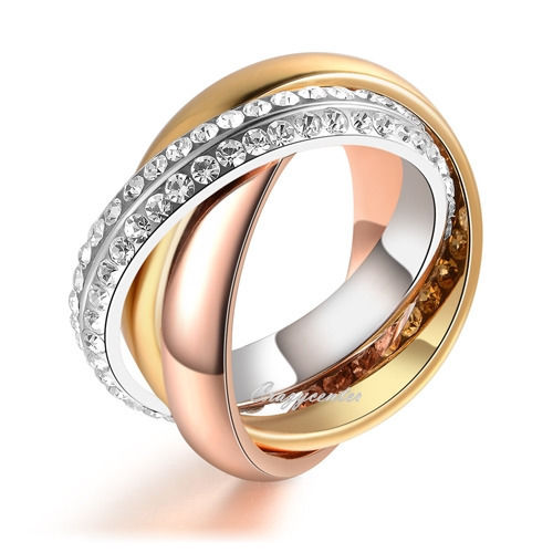 18K Yellow/Rose/White Gold GP 3-in-1 Rings Austrian Crystals Ring Set