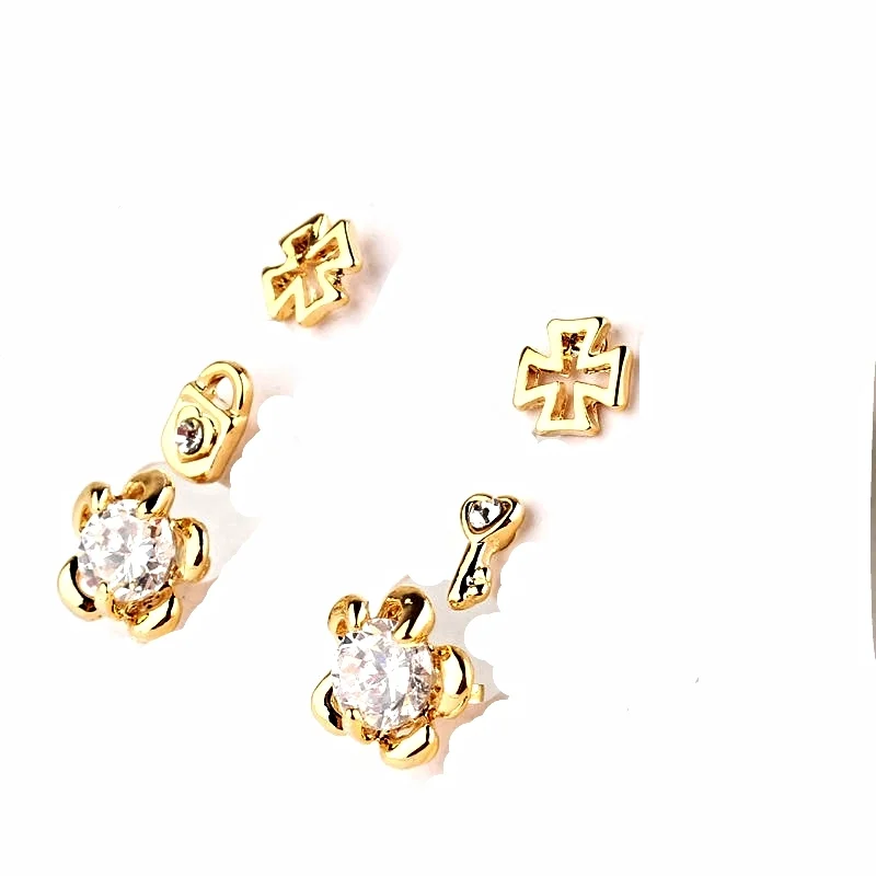 10k Gold Filled Flower White Sapphire Three Pair Stud Earrings Jewelry