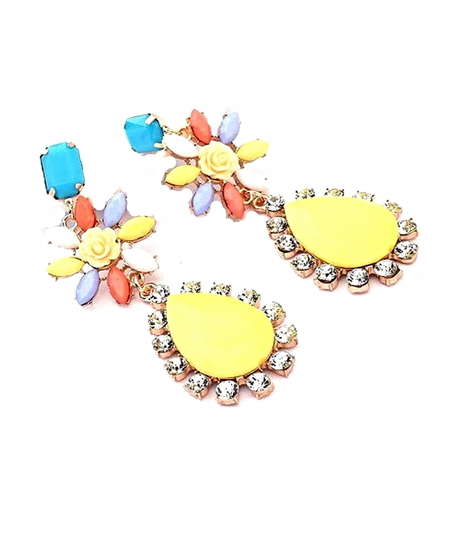 Bohemia Resin Drop Flower Rhinestone Ear Stud Dangle Earrings Yellow