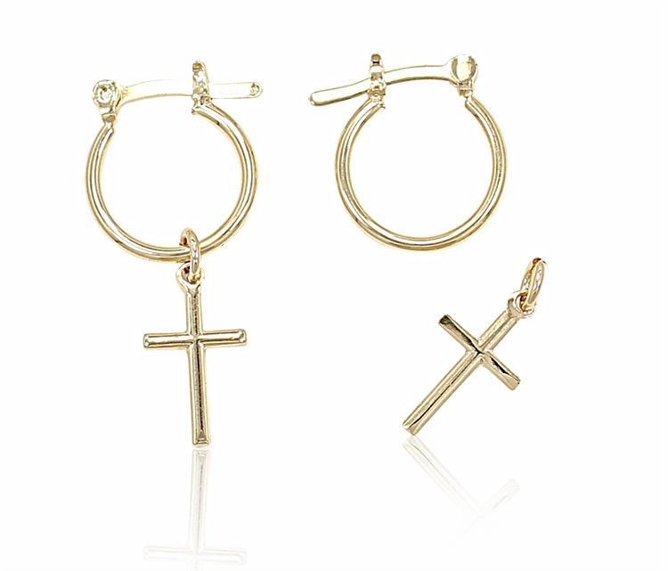 18k GP Earrings Small Plain Hoop Classic Cross Crucifix Charm