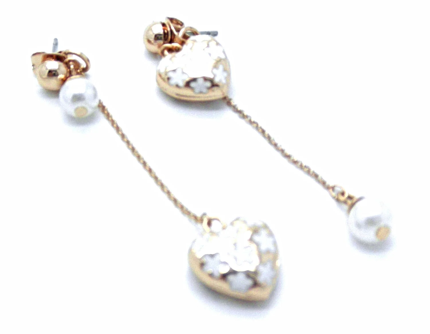 18k Rose Gold GP Dangle Heart Pearl Ball Enamel Ear Studs Earrings