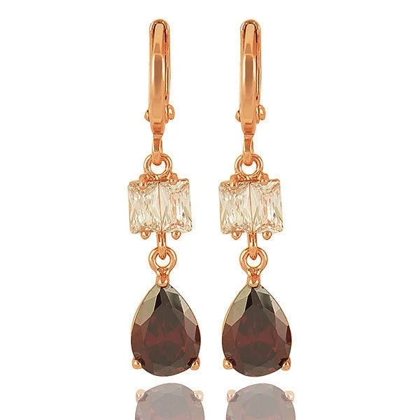 10K Rose Gold Filled Red Ruby & Cubic Zirconia Tear Drop Earrings