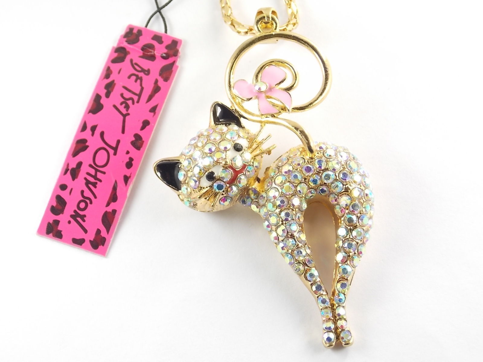 Betsey Johnson Shiny AB Rhinestone Cat Pendant Necklace