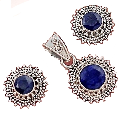 8.57cts Natural Blue Sapphire 925 Sterling Silver Pendant Earrings Set