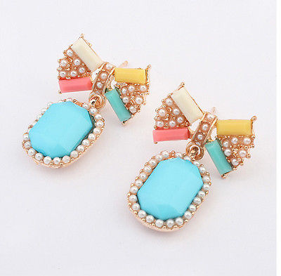Bohemia Style Metal Elegant Blue Resin Sweet Bow Earrings