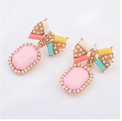 Cute Metal Golden Resin Sweet Bow Earrings