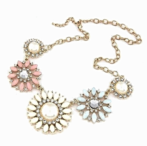 Colorful Resin Rhinestone Flower Golden Charm Collar Bib Necklace