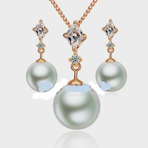 18K Rose GP Swarovski Crystal Charm Pearl Necklace&Earrings Jewelry Set
