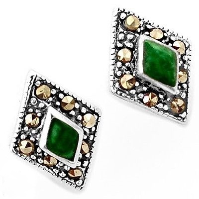 1.04cts Natural Green Chalcedony Marcasite 925 Silver Stud Earrings