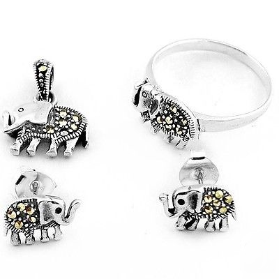 Natural Marcasite Elephant 925 Silver Ring Earrings Pendant Set