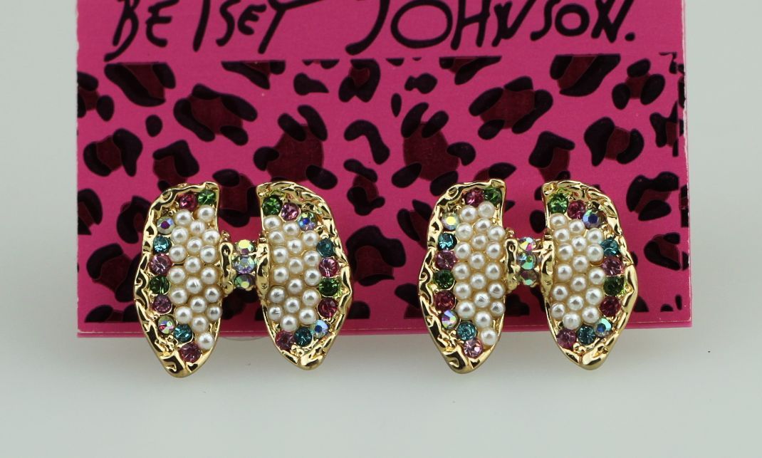 Betsey Johnson Pearl Crystal Bow Earrings