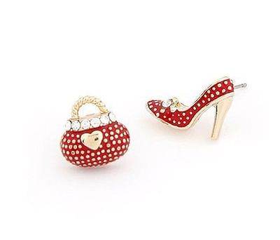 Betsey Johnson Mosaic Crystal Red Handbag Heels Asymmetric Earrings
