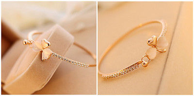 Gold Rhinestone Cuff Clover Bangle Alloy Bracelet Jewelry