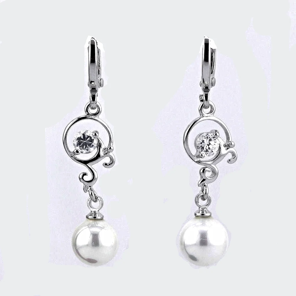 ​18K White GP Cupid Cut CZ & Dangle Shell Pearl Earrings Jewelry