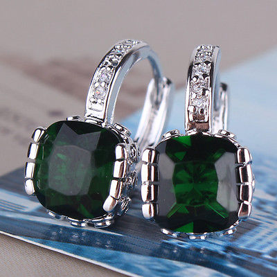 Classic 18k White Gold Filled Princess Emerald Hoop Earrings