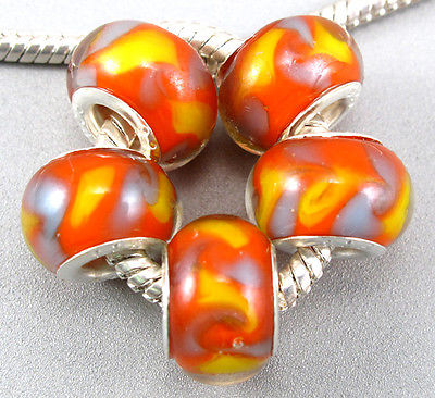 5PCs Silver Murano Glass Beads Lampwork Fit European Charms Bracelet